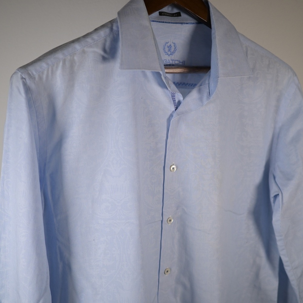 Bugatchi Uomo Mens Light Blue Striped Paisley Damask Classic Fit Dress Shirt L - Picture 4 of 6